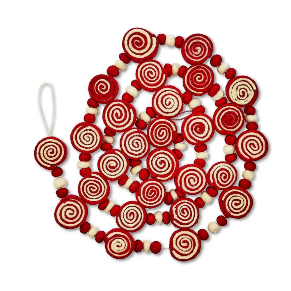 Set of 2 Peppermint Candy Christmas Felted Wool Garland 6 foot each Holiday Time